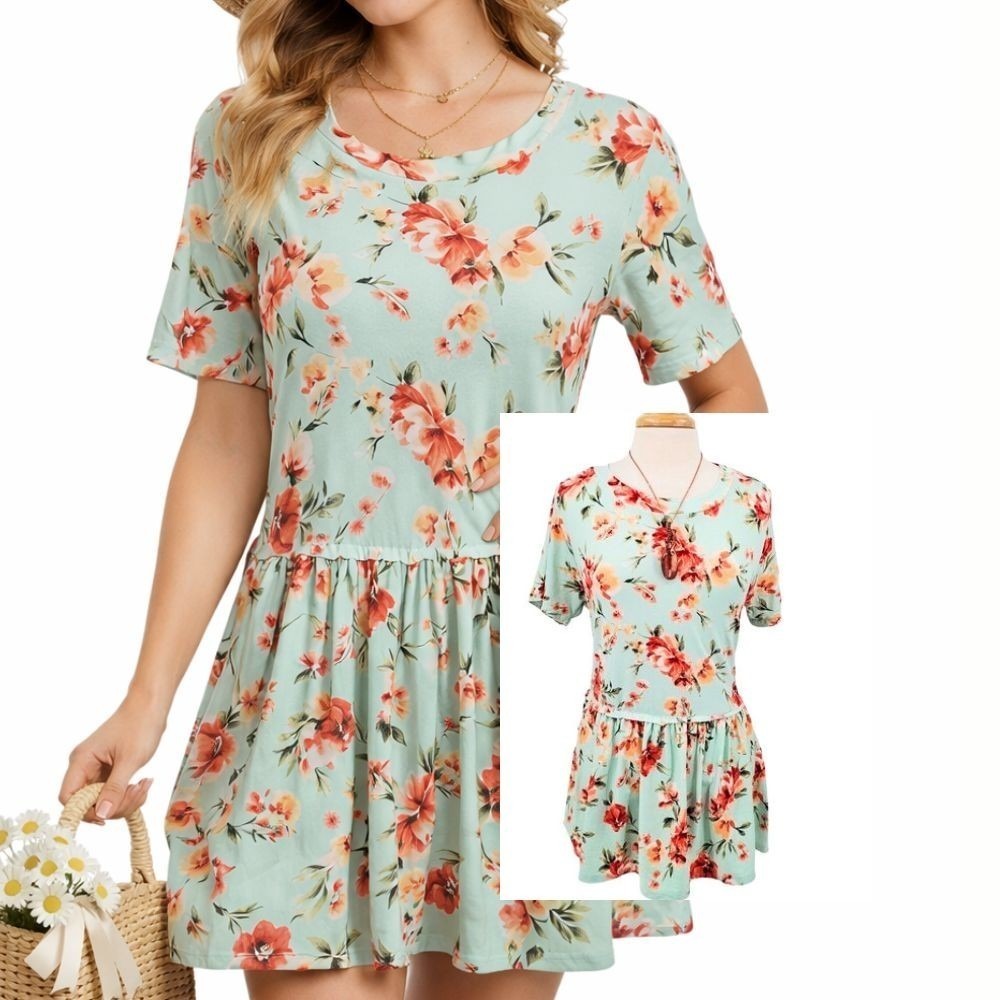 Perfect Peach Floral Peplum Tunic Top Stretch Knit Short Sleeve XL